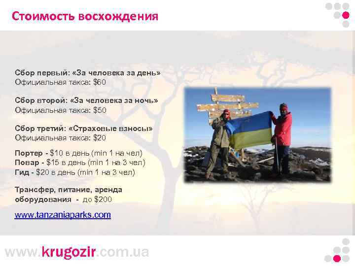 Стоимость восхождения Сбор первый: «За человека за день» Официальная такса: $60 Сбор второй: «За