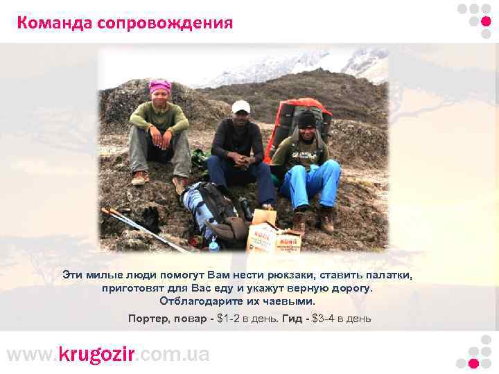 Команда сопровождения Эти милые люди помогут Вам нести рюкзаки, ставить палатки, приготовят для Вас