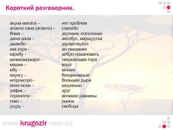 Короткий разговорник. акуна матата – асанта сана (асанте) – бома – дала-дала – джамбо