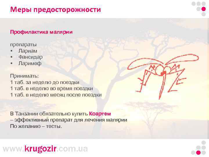 Меры. Танзания. Килиманджаро. предосторожности Профилактика малярии препараты § Лариам § Фансидар § Ларимеф Принимать: