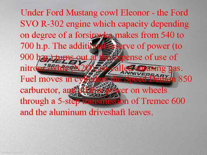 Under Ford Mustang cowl Eleonor - the Ford SVO R-302 engine which capacity depending