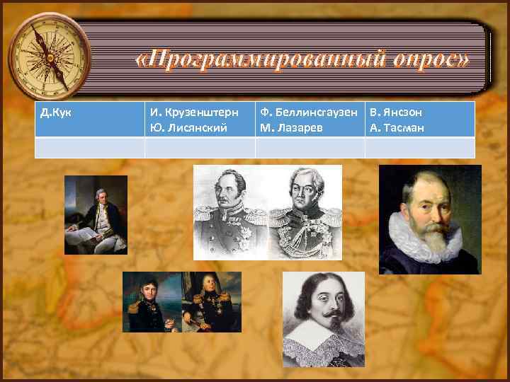  «Программированный опрос» Д. Кук И. Крузенштерн Ю. Лисянский Ф. Беллинсгаузен В. Янсзон М.