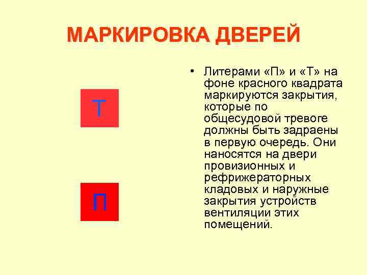 МАРКИРОВКА ДВЕРЕЙ • Литерами «П» и «Т» на фоне красного квадрата маркируются закрытия, которые