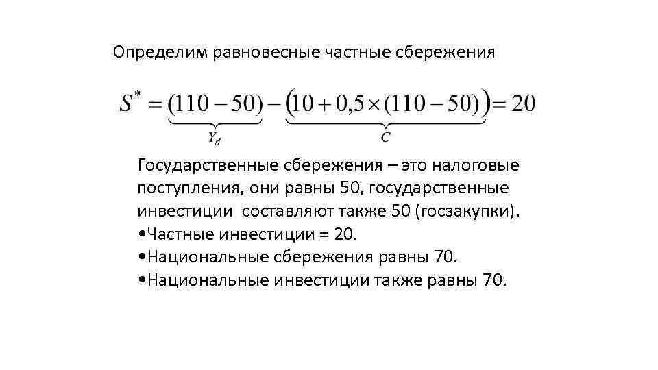 Определим равновесные частные сбережения Государственные сбережения – это налоговые поступления, они равны 50, государственные