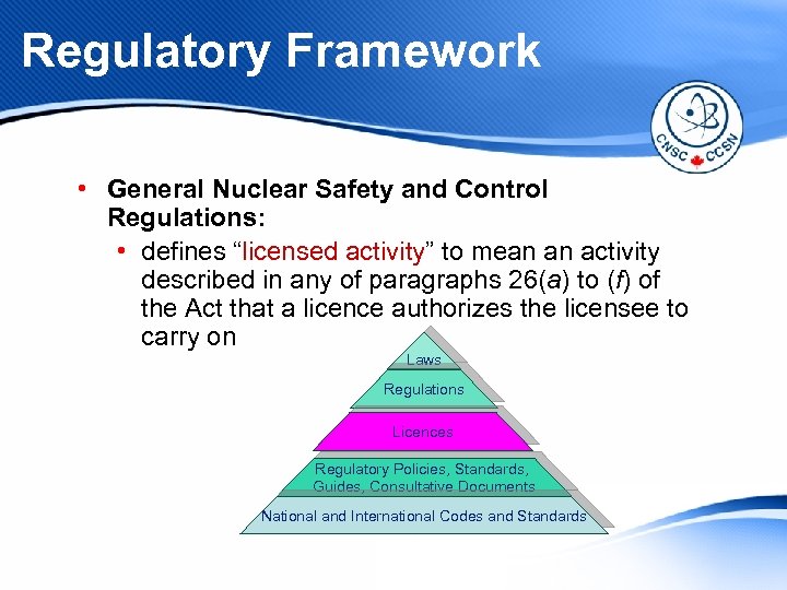 Regulatory Framework • General Nuclear Safety and Control Regulations: • defines “licensed activity” to