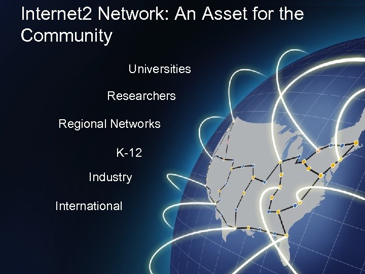 Internet 2 Network: An Asset for the Community Universities Researchers Regional Networks K-12 Industry