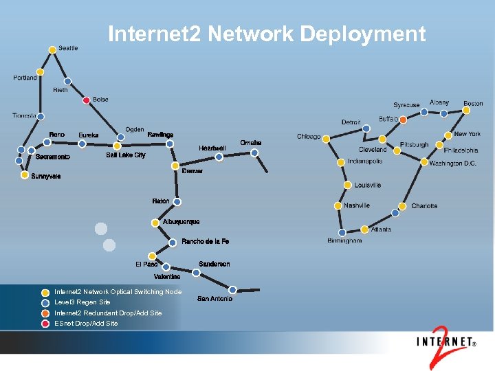 Internet 2 Network Deployment Internet 2 Network Optical Switching Node Level 3 Regen Site