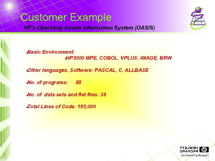 Customer Example HP’s Operating Assets Information System (OASIS) Basic Environment: è HP 3000 MPE,