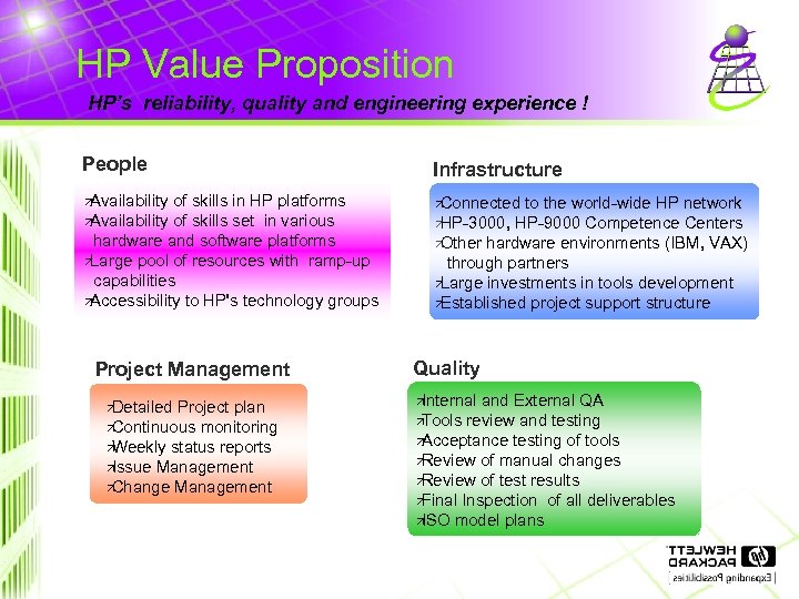 HP Value Proposition HP’s reliability, quality and engineering experience ! People Infrastructure ä Availability