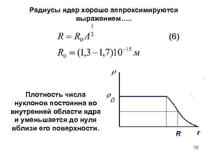 Радиусы ядер хорошо аппроксимируются выражением…. . (6) Плотность числа нуклонов постоянна во внутренней области
