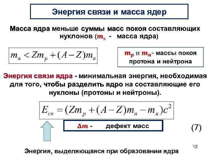 Энергия связи и масса ядер • Энергия, выделяющаяся при образовании ядра (7) 12 