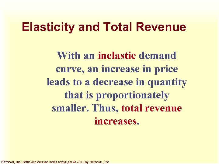 Elasticity and Total Revenue With an inelastic demand curve, an increase in price leads