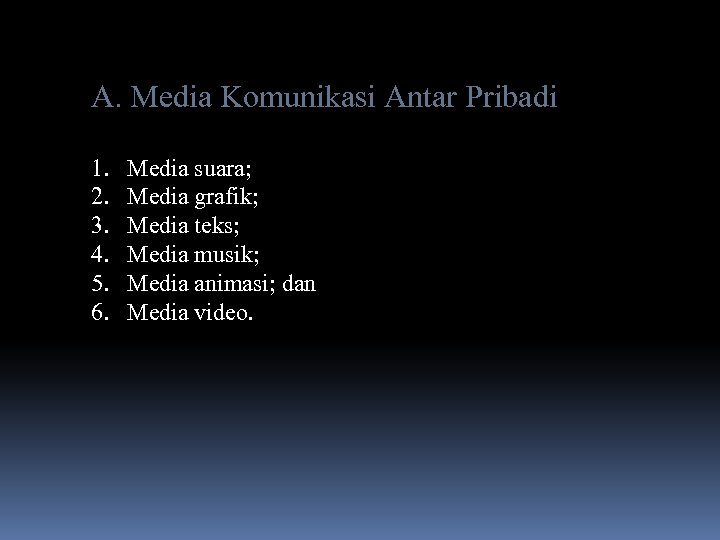 A. Media Komunikasi Antar Pribadi 1. 2. 3. 4. 5. 6. Media suara; Media