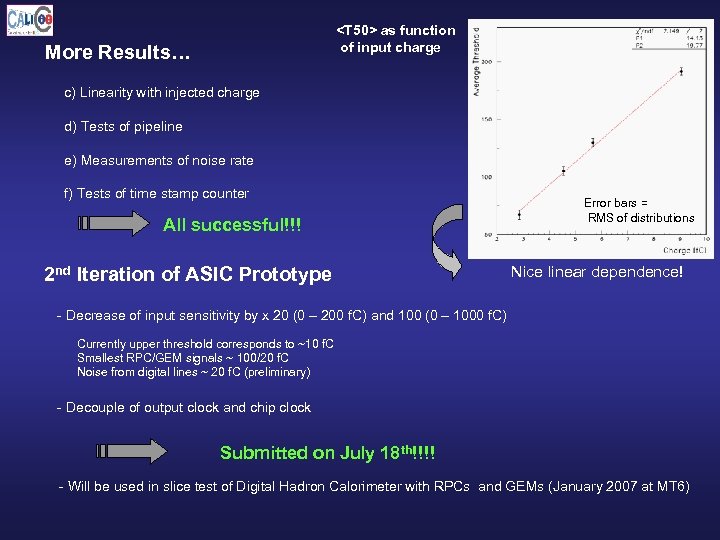 <T 50> as function of input charge More Results… c) Linearity with injected charge