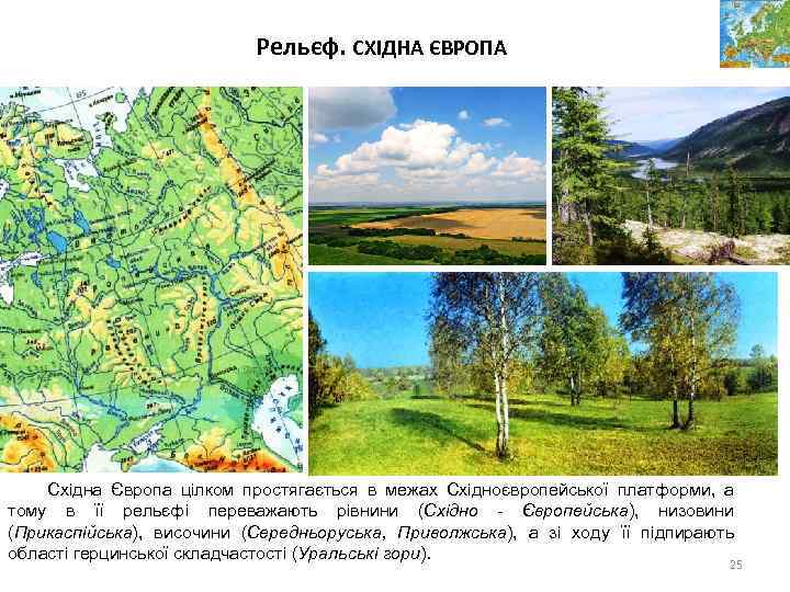Рельєф. СХІДНА ЄВРОПА Східна Європа цілком простягається в межах Східноєвропейської платформи, а тому в