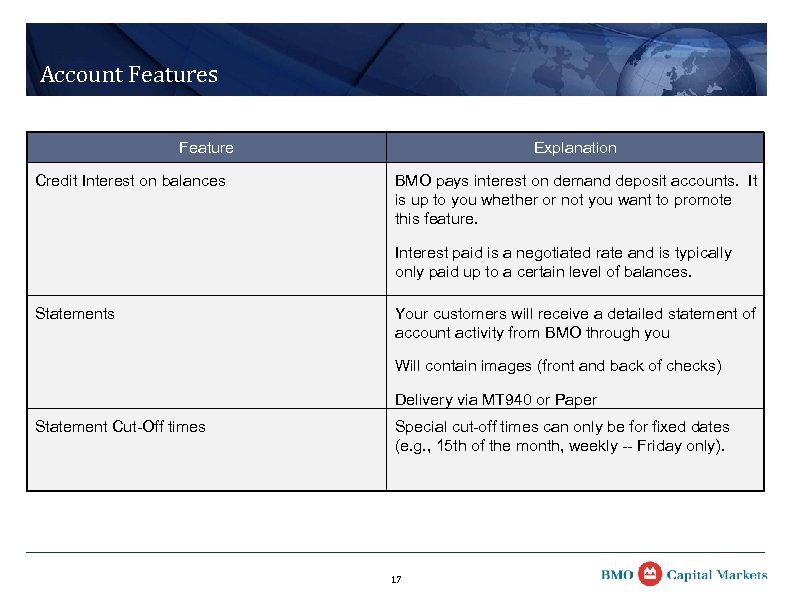 Account Features Feature Credit Interest on balances Explanation BMO pays interest on demand deposit