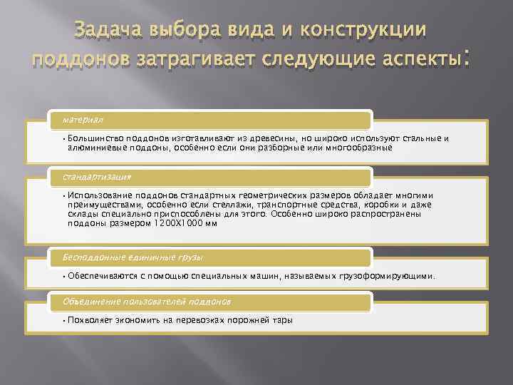 Задача выбора вида и конструкции поддонов затрагивает следующие аспекты : материал • Большинство поддонов