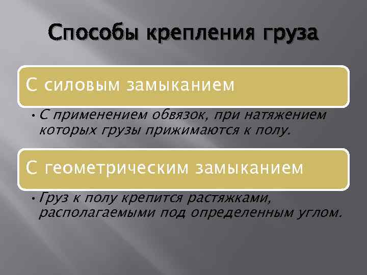 Способы крепления груза С силовым замыканием • С применением обвязок, при натяжением которых грузы