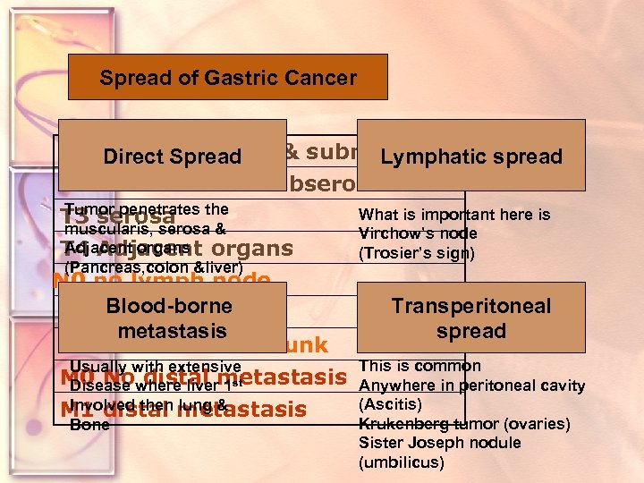 Spread of Gastric Cancer Staging of gastric cancer T 1 lamina propria & submucosa