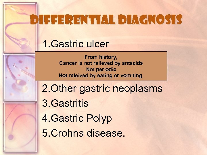 Differential Diagnosis 1. Gastric ulcer From history, Cancer is not relieved by antacids Not