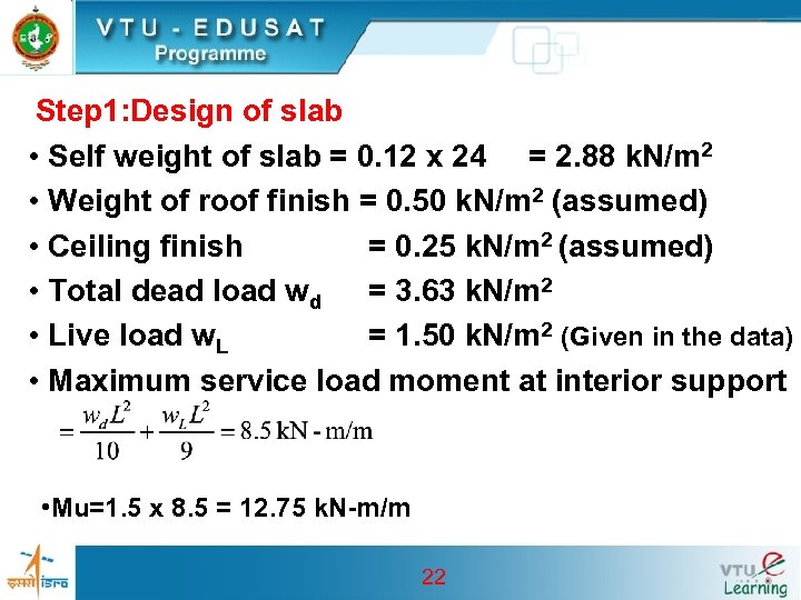 Step 1: Design of slab • Self weight of slab = 0. 12 x