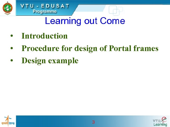 Learning out Come • Introduction • Procedure for design of Portal frames • Design