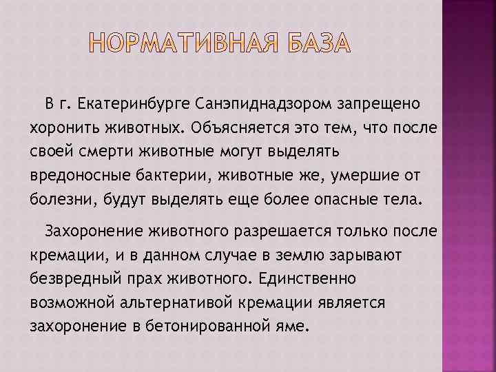 В г. Екатеринбурге Санэпиднадзором запрещено хоронить животных. Объясняется это тем, что после своей смерти