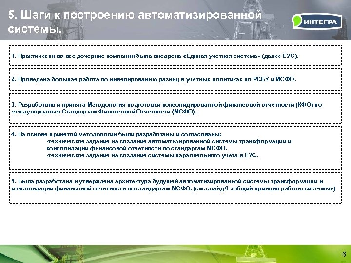 5. Шаги к построению автоматизированной системы. 1. Практически во все дочерние компании была внедрена