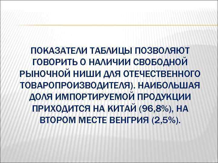 ПОКАЗАТЕЛИ ТАБЛИЦЫ ПОЗВОЛЯЮТ ГОВОРИТЬ О НАЛИЧИИ СВОБОДНОЙ РЫНОЧНОЙ НИШИ ДЛЯ ОТЕЧЕСТВЕННОГО ТОВАРОПРОИЗВОДИТЕЛЯ). НАИБОЛЬШАЯ ДОЛЯ