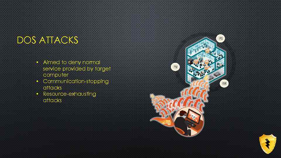 DOS ATTACKS • Aimed to deny normal service provided by target computer • Communication-stopping