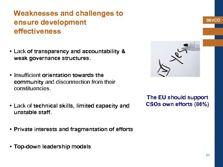  Weaknesses and challenges to ensure development effectiveness DEVCO • Lack of transparency and