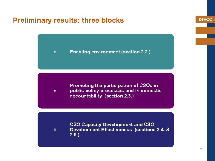 Preliminary results: three blocks DEVCO Enabling environment (section 2. 2. ) Promoting the participation