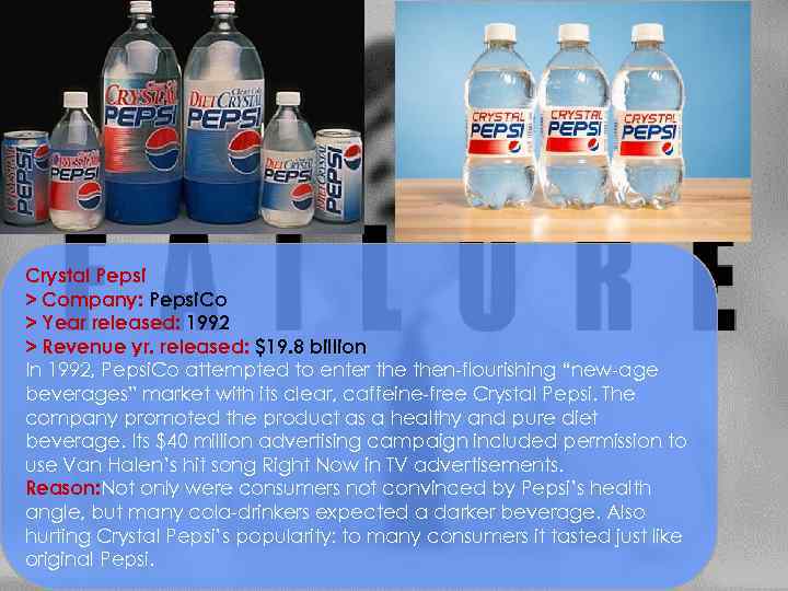 Crystal Pepsi > Company: Pepsi. Co > Year released: 1992 > Revenue yr. released: