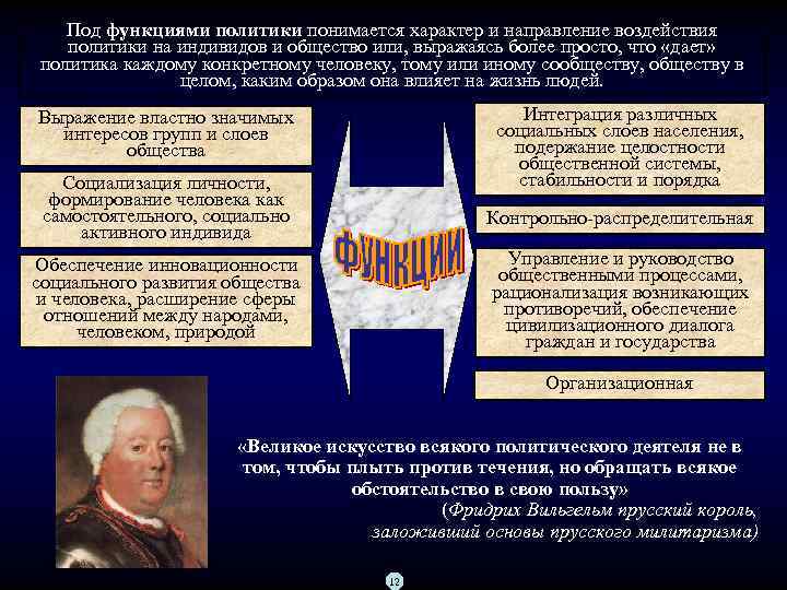 Под функциями политики понимается характер и направление воздействия политики на индивидов и общество или,