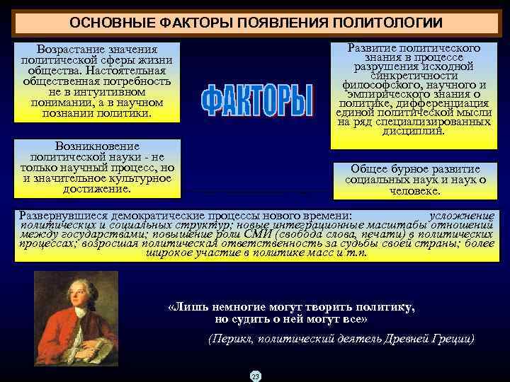 ОСНОВНЫЕ ФАКТОРЫ ПОЯВЛЕНИЯ ПОЛИТОЛОГИИ Развитие политического знания в процессе разрушения исходной синкретичности философского, научного
