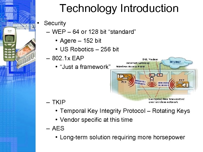 Technology Introduction • Security – WEP – 64 or 128 bit “standard” • Agere