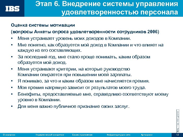 Этап 6. Внедрение системы управления удовлетворенностью персонала Оценка системы мотивации (вопросы Анкеты опроса удовлетворенности