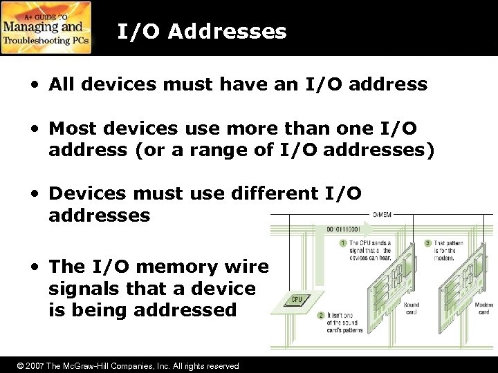 I/O Addresses • All devices must have an I/O address • Most devices use
