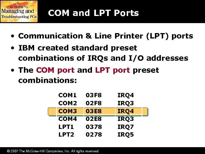 COM and LPT Ports • Communication & Line Printer (LPT) ports • IBM created