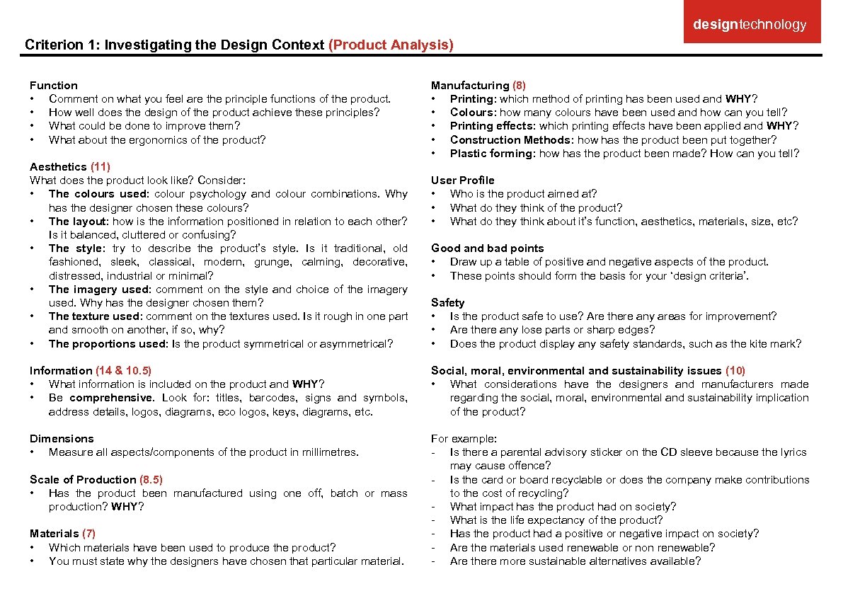 designtechnology Criterion 1: Investigating the Design Context (Product Analysis) Function • Comment on what