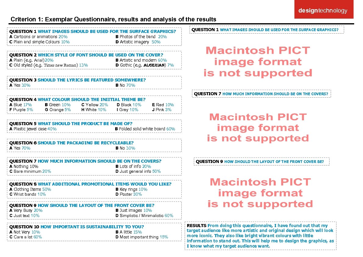 designtechnology Criterion 1: Exemplar Questionnaire, results and analysis of the results QUESTION 1 WHAT