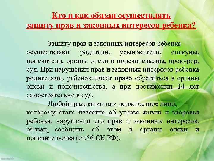  Кто и как обязан осуществлять защиту прав и законных интересов ребенка? Защиту прав