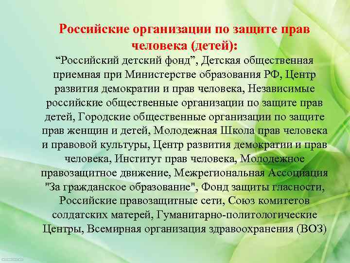 Российские организации по защите прав человека (детей): “Российский детский фонд”, Детская общественная приемная при