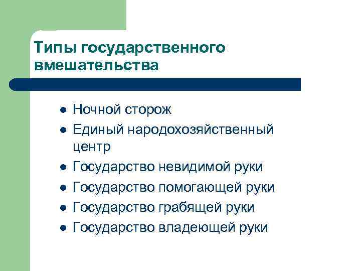 Типы государственного вмешательства l l l Ночной сторож Единый народохозяйственный центр Государство невидимой руки