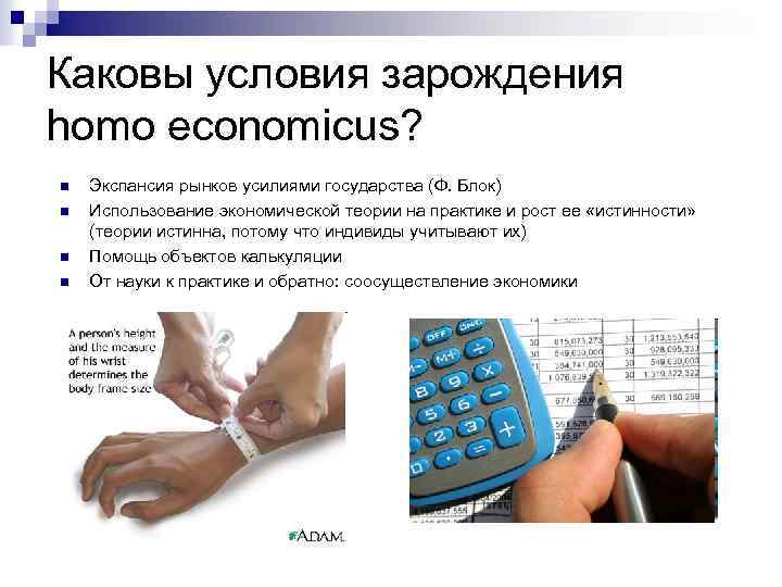 Каковы условия зарождения homo economicus? n n Экспансия рынков усилиями государства (Ф. Блок) Использование