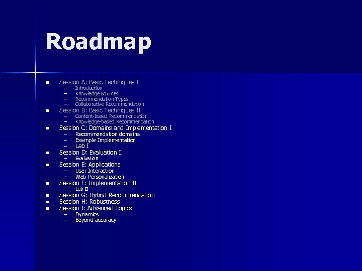 Roadmap n Session A: Basic Techniques I n Session B: Basic Techniques II n