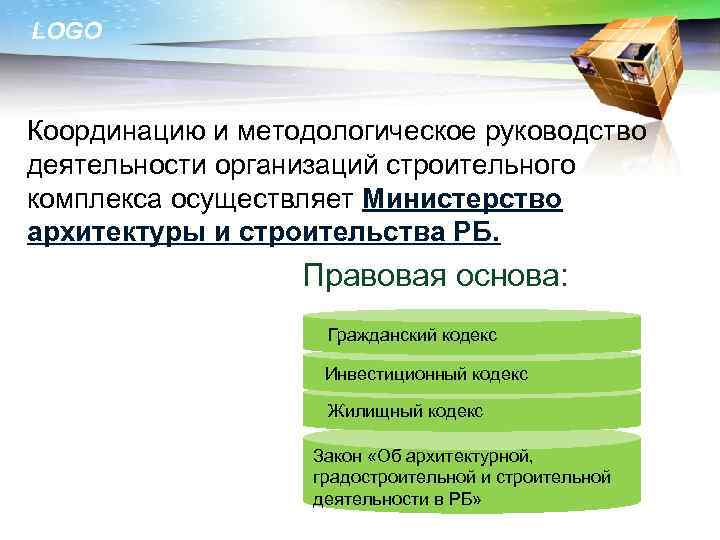 LOGO Координацию и методологическое руководство деятельности организаций строительного комплекса осуществляет Министерство архитектуры и строительства