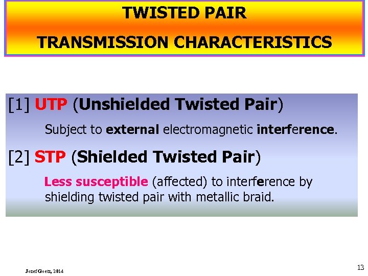 TWISTED PAIR TRANSMISSION CHARACTERISTICS [1] UTP (Unshielded Twisted Pair) Subject to external electromagnetic interference.