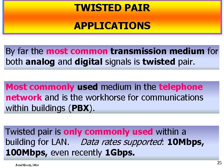 TWISTED PAIR APPLICATIONS By far the most common transmission medium for both analog and