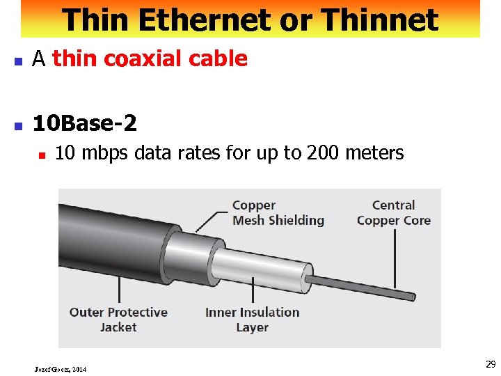 Thin Ethernet or Thinnet n A thin coaxial cable n 10 Base-2 n 10